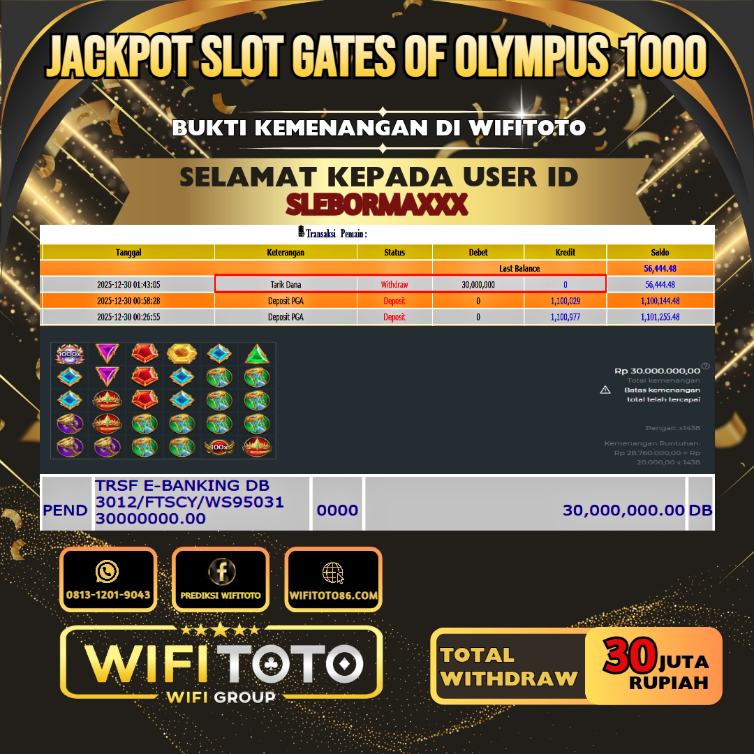 WIFITOTO JACKPOT SLOT GATES OF OLYMPUS 1000 RP.30.000.000.,-LUNAS USER ID : SLEBORMA***	