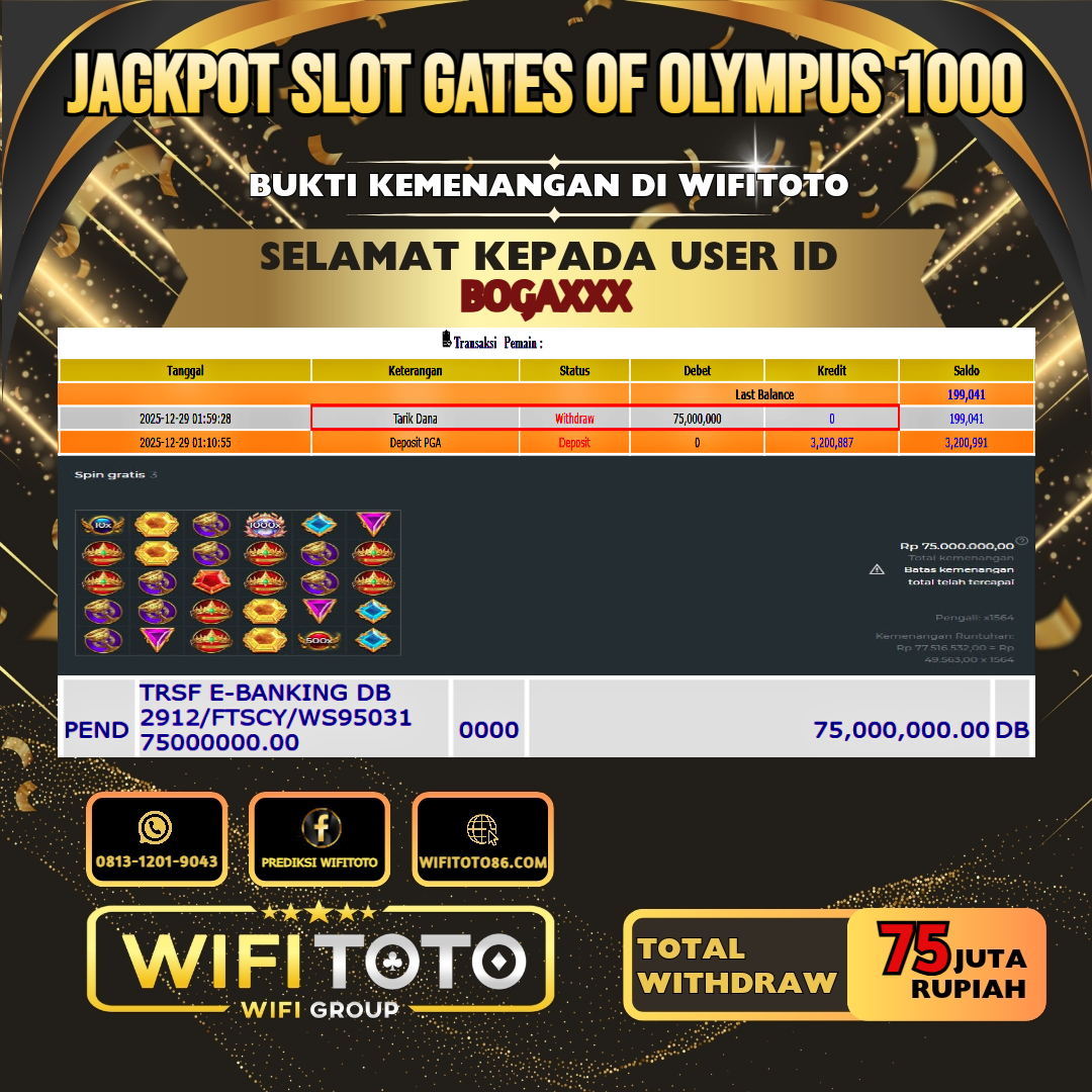 WIFITOTO JACKPOT SLOT GATES OF OLYMPUS 1000 RP.75.000.000.,-LUNAS USER ID : BOGA***	