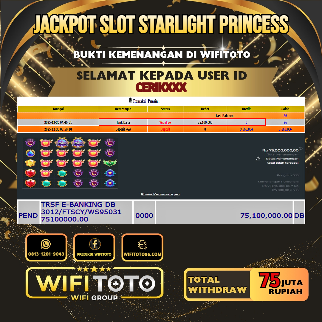 WIFITOTO JACKPOT SLOT STARLIGHT PRINCESS RP.75.000.000.,-LUNAS USER ID : CERIK***	