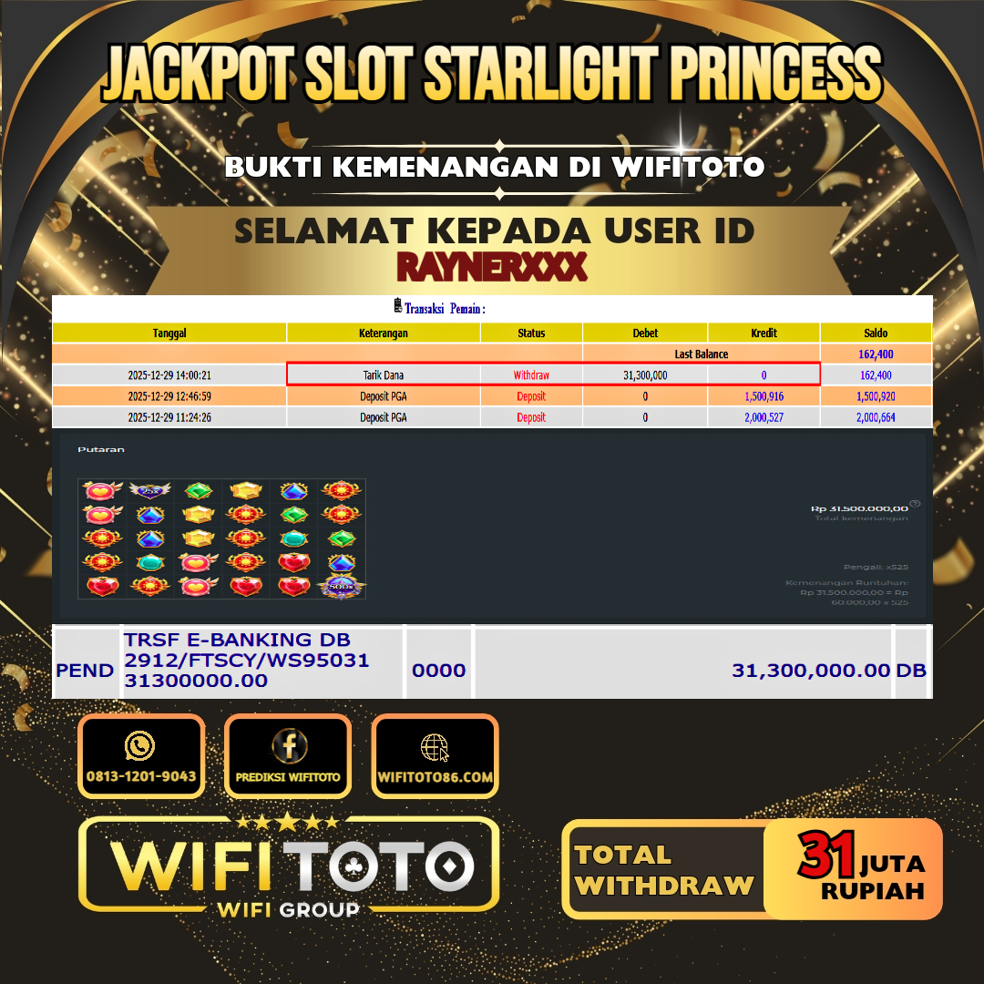 WIFITOTO JACKPOT SLOT STARLIGHT PRINCESS RP.31.000.000.,-LUNAS USER ID : RAYNER***	